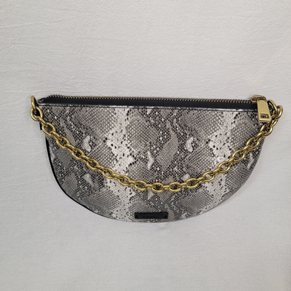 Fossil Gray Snakeskin Print Half Moon Clutch Bag Shoulder Purse Gold Chain MCM - Picture 7 of 9